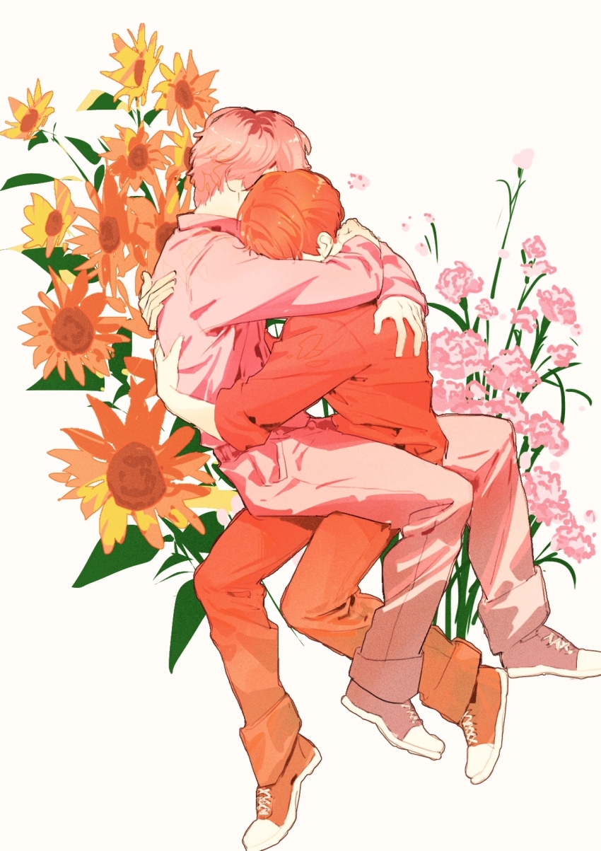 2boys, arm_around_neck, collared_jacket, flower, full_body, hands_on_another's_back, head_on_another's_shoulder, highres