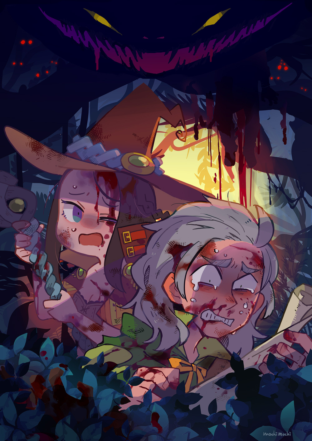 1boy, 1girl, bard_(sekaiju), bard_3_(sekaiju), blood, blood_in_hair, blood_on_arm, blood_on_face