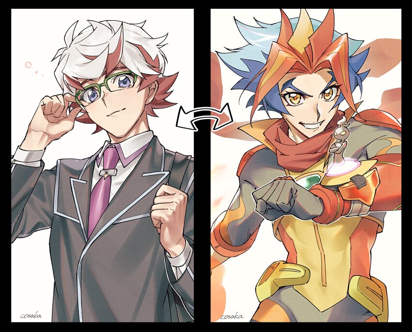 2boys, absurdres, artist_name, black_jacket, blonde_hair, blue_eyes, blue_hair, bodysuit