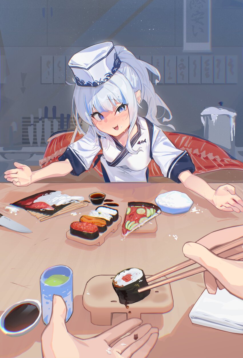 1girl, 1other, absurdres, alternate_costume, blue_eyes, blue_hair, blush, chopsticks