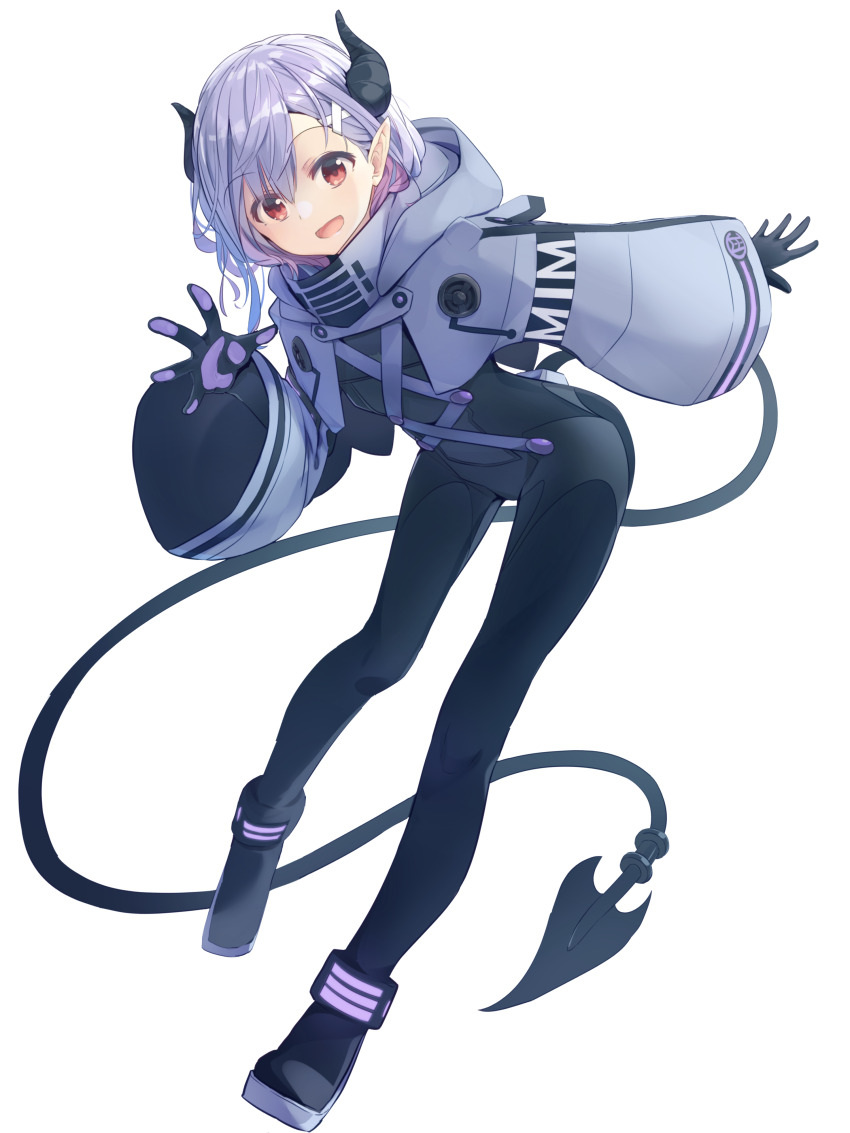 1girl, absurdres, artist_request, black_bodysuit, bodysuit, boots, breasts, demon_horns, demon_tail, enpera, full_body, hand_up, highres, hood, hood_down, hooded_shrug, horns, indie_virtual_youtuber, leaning_forward, long_pointy_ears, long_sleeves, looking_at_viewer, mimic_(vtuber), official_art, open_mouth, pointy_ears, purple_hair, red_eyes, scarf, shrug_(clothing), skin_tight, small_breasts, smile, solo, tail, transparent_background, virtual_youtuber, waving