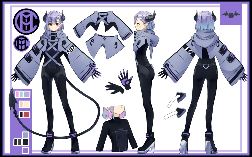 1girl, absurdres, artist_request, ass, black_bodysuit, black_footwear, bodysuit, border, breasts, character_name, reference_sheet, color_guide, demon_horns, demon_tail, enpera, full_body, grey_sleeves, hair_ornament, high_collar, high_heels, highres, hood, hood_down, hooded_jacket, horns, indie_virtual_youtuber, jacket, long_pointy_ears, long_sleeves, mimic_(vtuber), multiple_views, official_art, outstretched_arms, pointy_ears, profile, purple_border, purple_hair, red_eyes, scarf, simple_background, skin_tight, small_breasts, spread_arms, standing, tail, turnaround, virtual_youtuber, white_background, wide_sleeves, x_hair_ornament