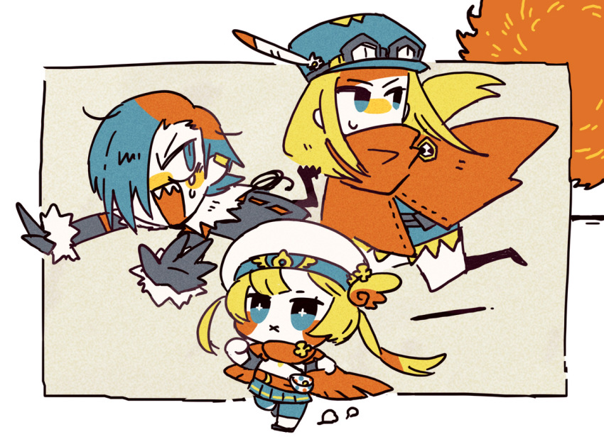 1boy, 2girls, x_mouth, bag, belt, border, chibi, chibi_only, cloak, covered_mouth, cross-shaped_pupils, crying, dark_hunter, dark_hunter_(sekaiju), dark_hunter_1, earrings, etrian_odyssey, gloves, hair_over_one_eye, hat_feather, hero_(sekaiju), hero_3_(sekaiju), jewelry, limited_palette, long_hair, long_sleeves, looking_back, motimamire, multiple_girls, ranger_(sekaiju), ranger_1_(sekaiju), running, satchel, sharp_teeth, skirt, sweatdrop, symbol-shaped_pupils, teeth