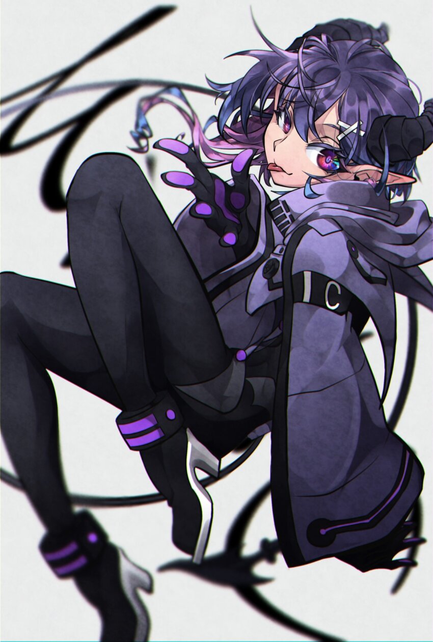 1girl, black_bodysuit, blurry, blurry_background, bodysuit, boots, closed_mouth, colored_inner_hair