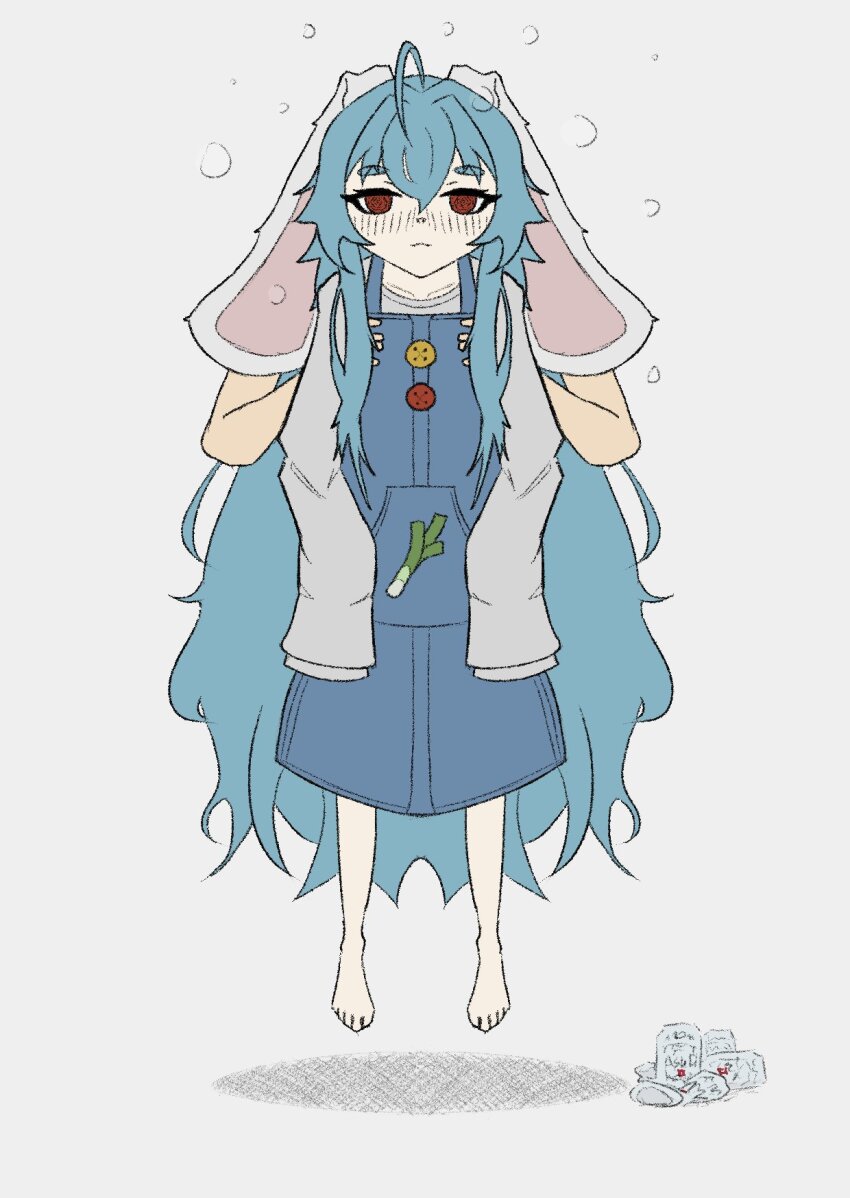 1girl, :3, @_@, ahoge, animal_ears, asahi_breweries, barefoot, blue_hair, collarbone, denim_dress, double-parted_bangs, drunk, floating, food_print, hair_between_eyes, highres, indie_virtual_youtuber, light_blue_hair, long_hair, long_sleeves, lop_rabbit_ears, mathiasgolden, para_(vtuber), para_(2nd_costume)_(vtuber), rabbit_ears, rabbit_girl, shirt, sidelocks, sleeves_past_fingers, sleeves_past_wrists, very_long_hair, virtual_youtuber, white_background, white_shirt