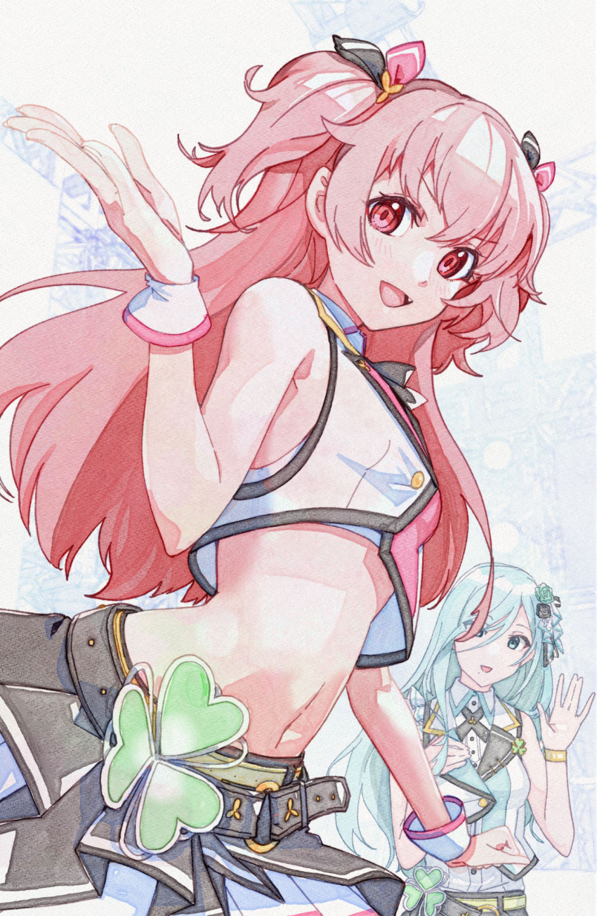 breasts, highres, hinomori_shizuku, long_hair, looking_at_viewer, momoi_airi, navel, pink_eyes