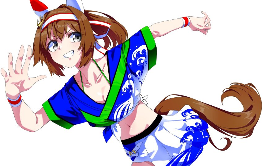 1girl, animal_ears, blue_eyes, blush, breasts, brown_hair, cleavage, collarbone