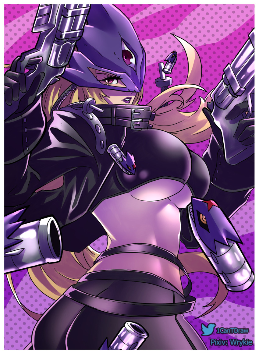 1girl, ass, beelstarmon, belt, belt_collar, black_gloves, black_jacket, black_mask, black_pants, black_scarf, blonde_hair, breasts, bullet, collar, commentary, commentary_typo, cowboy_shot, cropped_vest, digimon, digimon_(creature), dual_wielding, english_commentary, eye_mask, finger_on_trigger, fly_bullet, gift_art, gloves, gun, halftone, halftone_background, hands_up, highres, holding, holding_gun, holding_weapon, jacket, large_breasts, leather, leather_jacket, leather_pants, lipstick, long_hair, long_sleeves, looking_at_viewer, makeup, mask, open_clothes, open_jacket, pants, parted_lips, pixiv_username, purple_background, purple_eyes, purple_lips, richard_park, scarf, sidelocks, solo, standing, stomach, third_eye, tight_clothes, tight_pants, twisted_torso, twitter_username, underboob, vest, weapon
