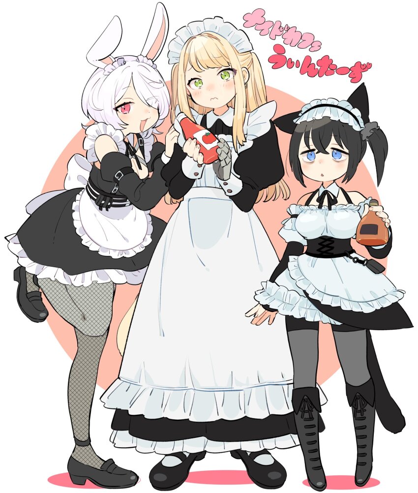 3girls, :3, alcohol, alternate_costume, animal_ears, apron, bags_under_eyes, black_dress