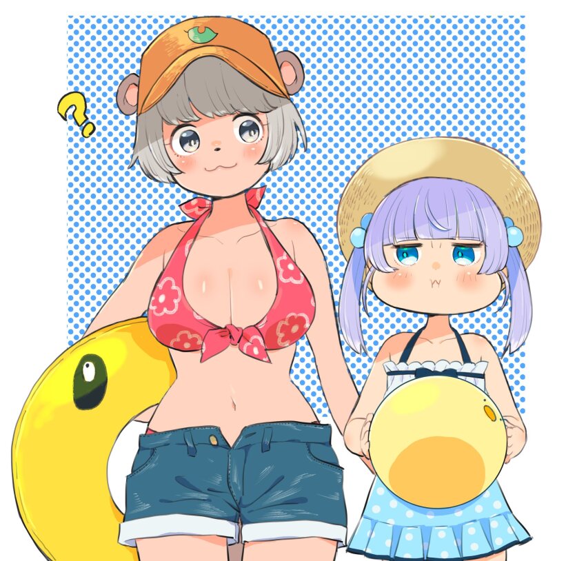 2girls, ?, alternate_costume, animal_ears, animal_nose, ball, bare_shoulders, baseball_cap, beachball, bikini, blue_background, blue_eyes, blunt_bangs, blush, border, breast_envy, breasts, carrying, carrying_under_arm, cleavage, closed_mouth, commentary_request, cowboy_shot, denim, denim_shorts, frilled_one-piece_swimsuit, frills, front-tie_bikini_top, front-tie_top, grey_eyes, grey_hair, hair_bobbles, hair_ornament, hat, height_difference, highres, holding, holding_ball, holding_swim_ring, innertube, large_breasts, looking_at_another, looking_to_the_side, mochi_hiyoko, mochipro, mode_aim, multiple_girls, navel, ohitori_(o_hitori_sama_1), one-piece_swimsuit, orange_hat, polka_dot, polka_dot_background, ponpoko_(vtuber), pout, puffy_cheeks, purple_hair, raccoon_ears, raccoon_girl, red_bikini, short_hair, shorts, side-by-side, smile, standing, stomach, sun_hat, swim_ring, swimsuit, twintails, virtual_youtuber, white_border