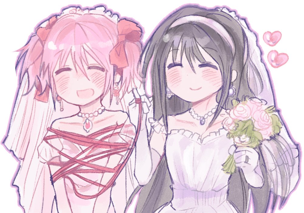 2girls, ^_^, akemi_homura, bdsm, black_hair, bondage, bound, bouquet, bow, bridal_veil, closed_eyes, collarbone, couple, dress, earrings, elbow_gloves, facing_viewer, female_focus, flower, gloves, hair_bow, hairband, heart, holding, holding_bouquet, jewelry, kaname_madoka, kerimka31328031, long_hair, mahou_shoujo_madoka_magica, mahou_shoujo_madoka_magica_(anime), medium_hair, multiple_girls, necklace, open_mouth, pearl_necklace, pink_bow, pink_hair, ring, smile, soul_gem, tied_up_(nonsexual), twintails, veil, wedding_dress, wedding_ring, white_dress, white_gloves, wife_and_wife, yuri