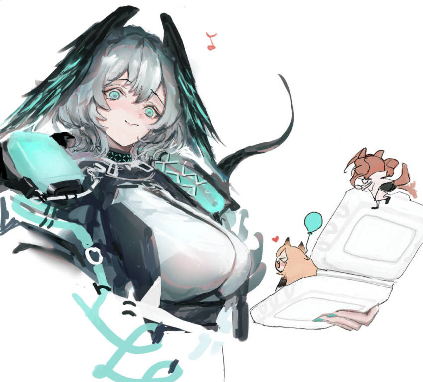 3girls, angelina_(arknights), arknights, balloon, blue_eyes, blue_feathers, blue_wings, breasts, ceobe_(arknights), chibi, commentary_request, feathered_wings, feathers, grey_hair, hair_between_eyes, head_wings, heart, ho'olheyak_(arknights), holding, infection_monitor_(arknights), large_breasts, medium_hair, multiple_girls, musical_note, simple_background, smile, snake_tail, tail, takeout_container, tl_(hentai69561353), two-tone_wings, very_long_tail, white_background, wings