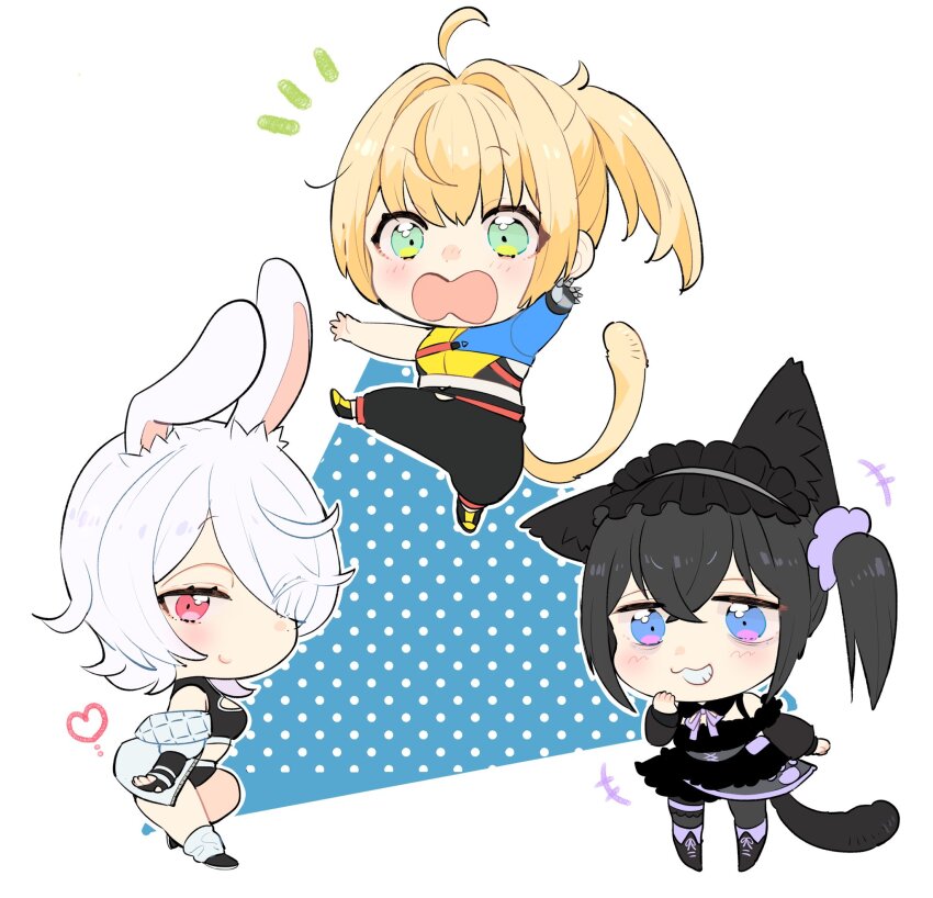 +++, 3girls, :3, ahoge, animal_ears, black_dress, black_footwear, black_hair