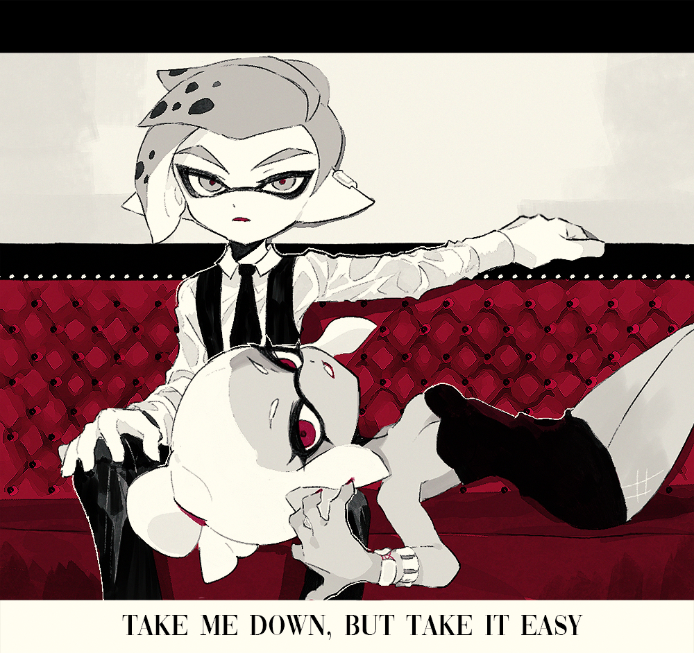 1boy, 1girl, bare_shoulders, black_dress, bracelet, breasts, cleavage, collared_shirt