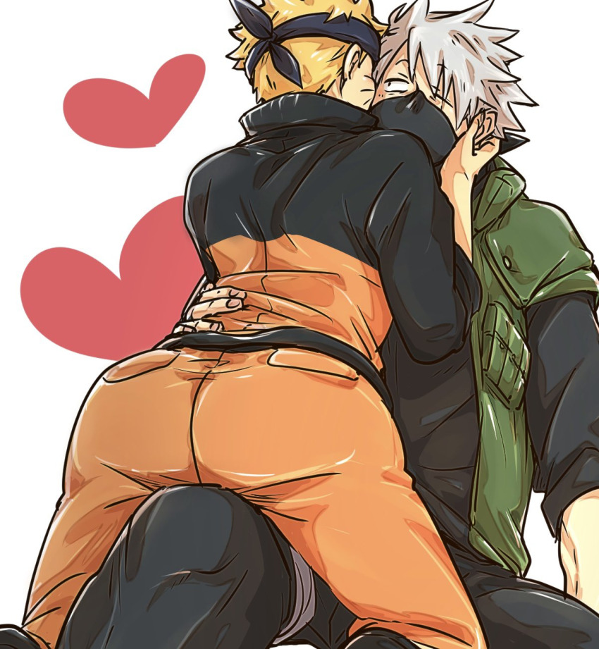 2boys, ass, blonde_hair, facial_mark, forehead_protector, grey_hair, hamifunrx, hatake_kakashi, heart, highres, holding_ear, long_sleeves, male_focus, mask, multiple_boys, naruto_(series), one_eye_closed, scar, scar_across_eye, scar_on_face, sitting, sitting_on_person, teacher_and_student, uzumaki_naruto, whisker_markings, yaoi