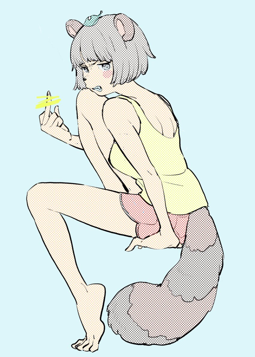 1girl, alternate_costume, angry, animal_ears, animal_nose, arm_support, barefoot, blue_background, blush_stickers, breasts, censored, clenched_teeth, dolphin_shorts, from_side, full_body, glaring, grey_eyes, grey_hair, halftone, highres, invisible_chair, knee_up, large_breasts, leaf, leaf_on_head, looking_at_viewer, looking_to_the_side, middle_finger, mode_aim, ohitori_(o_hitori_sama_1), ponpoko_(vtuber), raccoon_ears, raccoon_girl, raccoon_tail, red_shorts, scowl, scribble_censor, short_hair, short_shorts, shorts, shoulder_blades, simple_background, sitting, solo, tail, tank_top, teeth, virtual_youtuber, yellow_tank_top