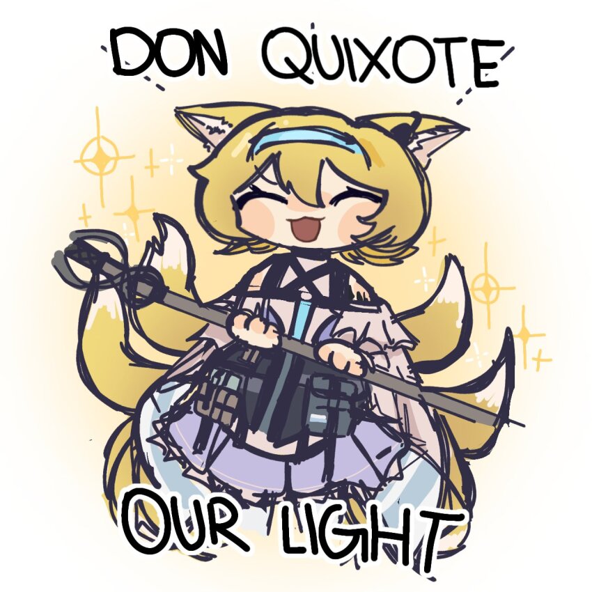 1girl, animal_ears, arknights, closed_eyes, cosplay, cowboy_shot, don_quixote_(project_moon), english_text