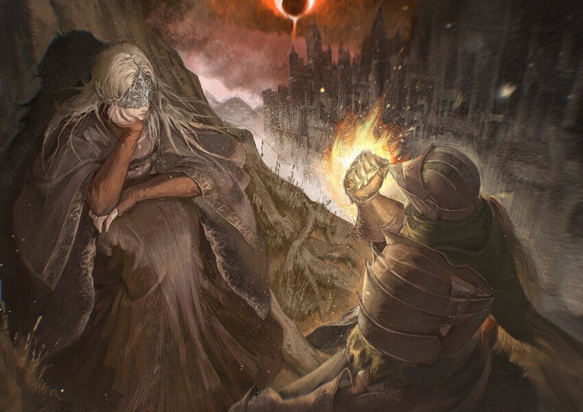 1girl, 1other, ambiguous_gender, architecture, armor, ashen_one_(dark_souls), black_dress, blindfold_mask, capelet, clenched_hand, cloak, commentary, covered_eyes, dark_souls_(series), dark_souls_iii, dress, eclipse, english_commentary, eye_mask, fire_keeper, full_armor, hand_on_own_cheek, hand_on_own_face, helmet, highres, knight, kwiaty_k, long_hair, mask, red_sky, sitting, sky, solar_eclipse