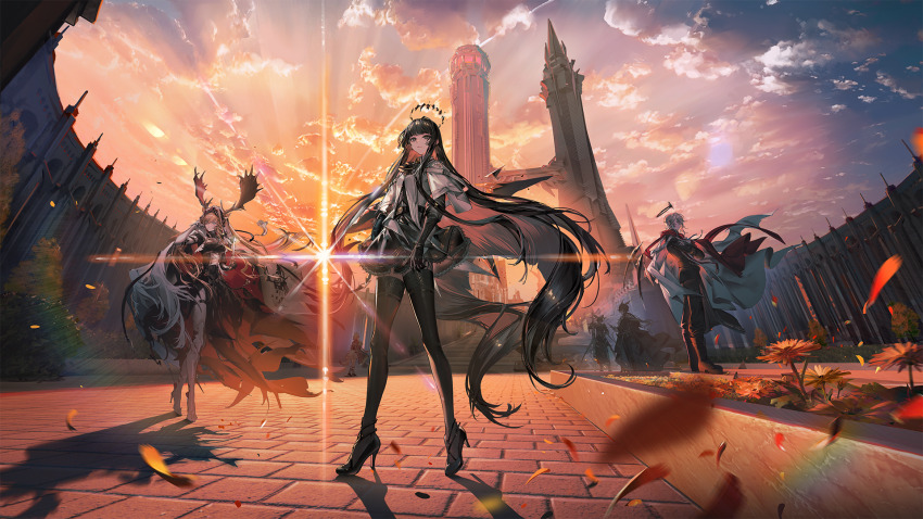 2girls, 4boys, animal_ears, arknights, bassline_(arknights), belt, black_belt, black_cape