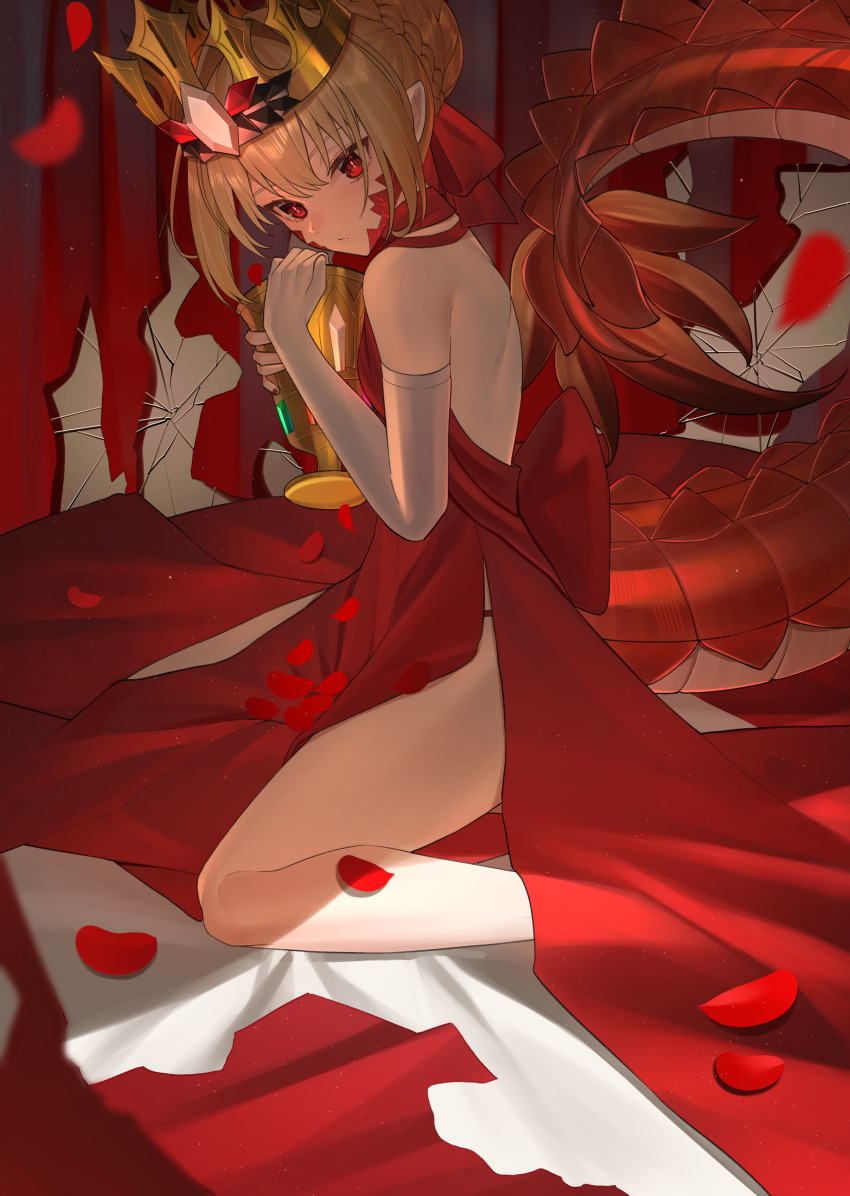 1girl, absurdres, braid, breasts, bun_with_braided_base, chalice, crown, cup, dragon_tail, dress, facial_mark, fate/grand_order, fate_(series), gloves, hair_bun, highres, light_(nightty45), looking_at_viewer, nero_claudius_(fate), queen_draco_(fate), queen_draco_(first_ascension)_(fate), red_dress, scales, single_glove, small_breasts, solo, tail