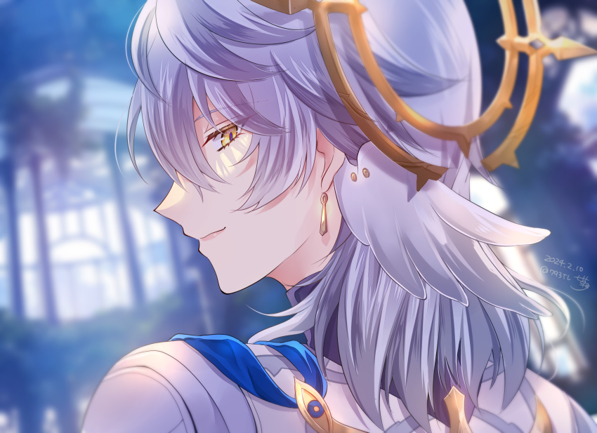 1boy, artist_name, blurry, blurry_background, closed_mouth, dated, earrings, feathered_wings