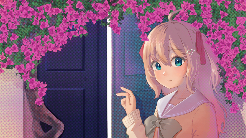 1girl, ahoge, blue_eyes, bougainvillea_(flower), bow, bowtie, cardigan, closed_mouth