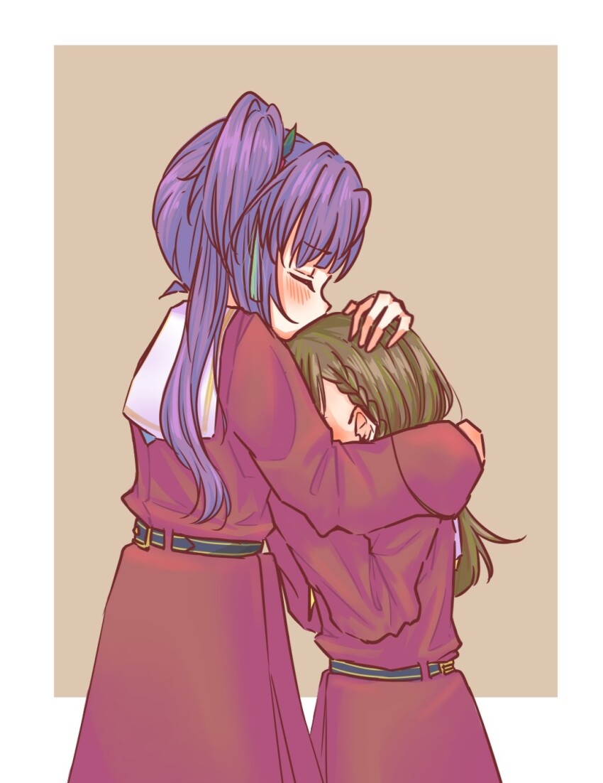 2girls, aqua_neckerchief, blush, border, braid, brown_background, brown_dress, brown_hair