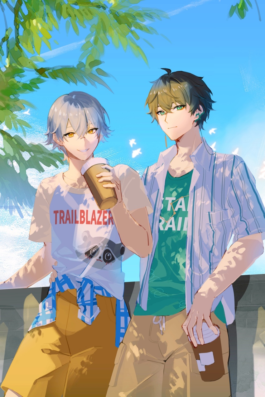 2boys, absurdres, ahoge, alternate_costume, animal_print, aqua_eyes, aqua_shirt, bird, black_hair, blue_sky, cable, caelus_(honkai:_star_rail), closed_mouth, clothes_writing, cloud, cloud_print, cloudy_sky, collarbone, collared_shirt, constellation_print, crossed_bangs, cup, dan_heng_(honkai:_star_rail), day, disposable_cup, earrings, eyeshadow, fingernails, grey_hair, hair_between_eyes, hand_around_waist, hand_up, highres, holding, holding_cup, honkai:_star_rail, honkai_(series), jewelry, leaf, looking_at_viewer, makeup, male_focus, multiple_boys, open_clothes, open_shirt, outdoors, plaid_clothes, plaid_shirt, pocket, raccoon_print, red_eyeshadow, ribbon, sang_sha, shirt, short_hair, short_sleeves, shorts, single_earring, sky, smile, standing, striped_clothes, striped_shirt, summer, t-shirt, teeth, tied_shirt, trailblazer_(honkai:_star_rail), tree, white_ribbon, white_shirt, wing_collar, yellow_eyes, yellow_shorts