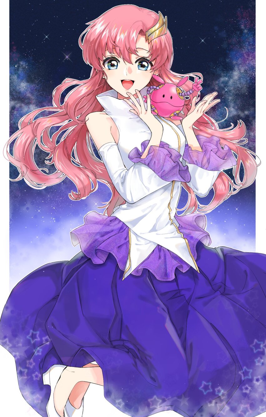 1girl, blue_eyes, breasts, dress, gundam, gundam_seed, gundam_seed_destiny, gundam_seed_freedom, hair_ornament, haro, highres, lacus_clyne, long_hair, looking_at_viewer, machi_kitchen, medium_breasts, open_mouth, pink_hair, smile, solo, space