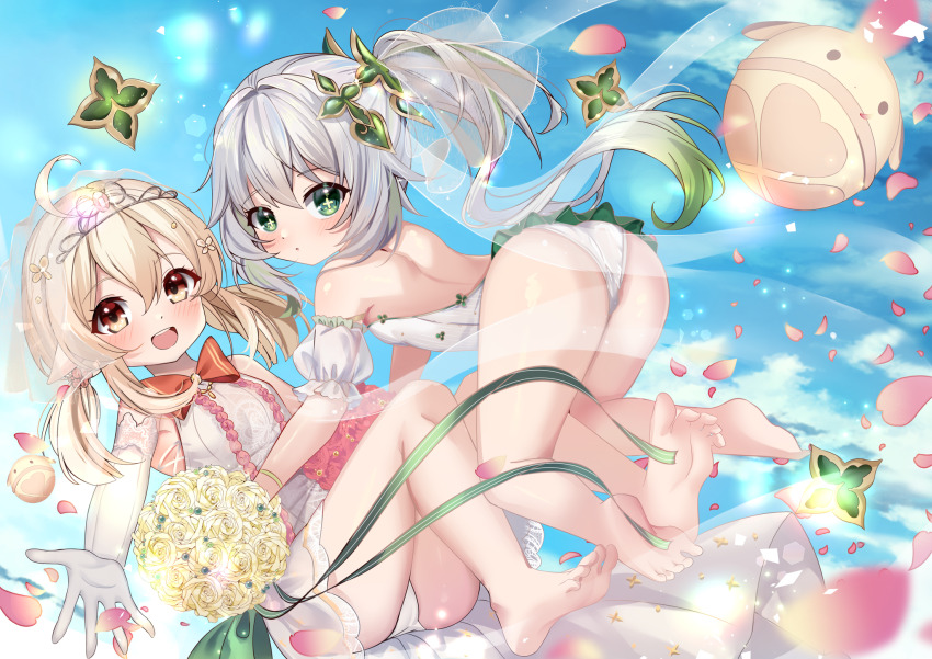 2girls, ass, backless_leotard, bare_legs, bare_shoulders, barefoot, blonde_hair, blue_sky, breasts, brown_eyes, cloud, commentary_request, cross-shaped_pupils, day, detached_sleeves, dress, elbow_gloves, genshin_impact, gloves, gradient_hair, green_eyes, green_hair, grey_hair, hair_between_eyes, highres, klee_(genshin_impact), leotard, loli, long_hair, low_twintails, multicolored_hair, multiple_girls, nahida_(genshin_impact), outdoors, panties, petals, pointy_ears, puffy_short_sleeves, puffy_sleeves, rinringyo, see-through_clothes, see-through_sleeves, short_sleeves, sky, sleeveless, sleeveless_dress, small_breasts, soles, streaked_hair, symbol-shaped_pupils, twintails, underwear, very_long_hair, white_dress, white_gloves, white_leotard, white_panties, white_sleeves