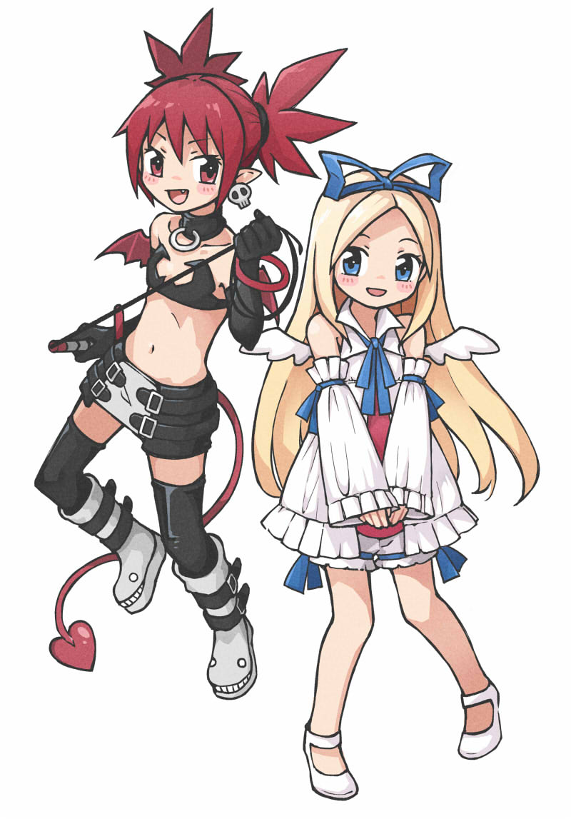 2girls, angel, angel_wings, bat_wings, blonde_hair, blue_eyes, boots, bow, choker, demon_girl, demon_tail, demon_wings, detached_sleeves, disgaea, earrings, elbow_gloves, etna_(disgaea), feathered_wings, flat_chest, flonne, full_body, gloves, jewelry, legs, long_hair, looking_at_viewer, makai_senki_disgaea, mini_wings, multiple_girls, navel, o-ring, o-ring_choker, o-ring_collar, pointy_ears, red_eyes, red_hair, red_tail, red_wings, ribbon, skirt, skull_earrings, smile, tail, thighhighs, twintails, white_background, wings, yeh