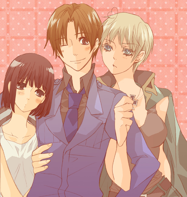 1boy, 2girls, ahoge, akuta_(dassen), axis_powers_hetalia, belt, black_eyes, black_hair, blonde_hair, blue_eyes, blush, breasts, brown_eyes, brown_hair, coat, cross, flirting, gender_request, genderswap, germany_(female)_(hetalia), germany_(hetalia), head_tilt, heart, japan_(female)_(hetalia), japan_(hetalia), large_breasts, leaning, locked_arms, military, military_uniform, multiple_girls, necktie, no_bra, northern_italy_(hetalia), one_eye_closed, open_clothes, open_coat, parted_bangs, polka_dot, short_hair, smile, southern_italy_(female)_(hetalia), southern_italy_(hetalia), tank_top, wink