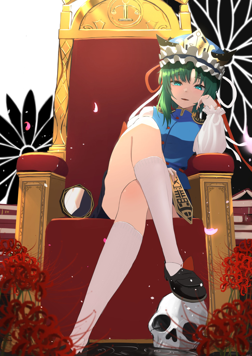 1girl, absurdres, black_footwear, blue_skirt, blue_vest, cleansed_crystal_mirror, commentary_request, crossed_legs, epaulettes, eru_aise, falling_petals, flower, frilled_hat, frills, green_hair, hat, highres, kneehighs, light_smile, long_sleeves, looking_at_viewer, on_throne, petals, red_flower, rod_of_remorse, shiki_eiki, shirt, sitting, skirt, skull, socks, solo, spider_lily, throne, touhou, vest, white_shirt, white_socks