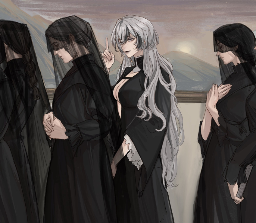 4girls, black_dress, black_hair, braid, breasts, center_opening, cleavage, closed_mouth