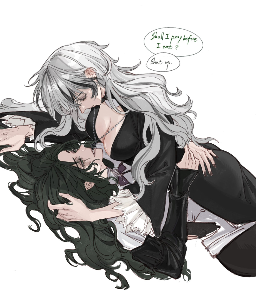 2girls, black_dress, black_hair, black_nails, breasts, cleavage, commentary, deerwhisky, dress, english_text, green_eyes, hand_in_another's_hair, highres, jewelry, large_breasts, long_hair, long_sleeves, looking_at_another, lying, mole, mole_on_nose, multicolored_hair, multiple_girls, nail_polish, necklace, oak_casket_(path_to_nowhere), path_to_nowhere, raven_(path_to_nowhere), shirt, simple_background, sleeves_past_wrists, streaked_hair, white_background, white_hair, white_shirt, yuri