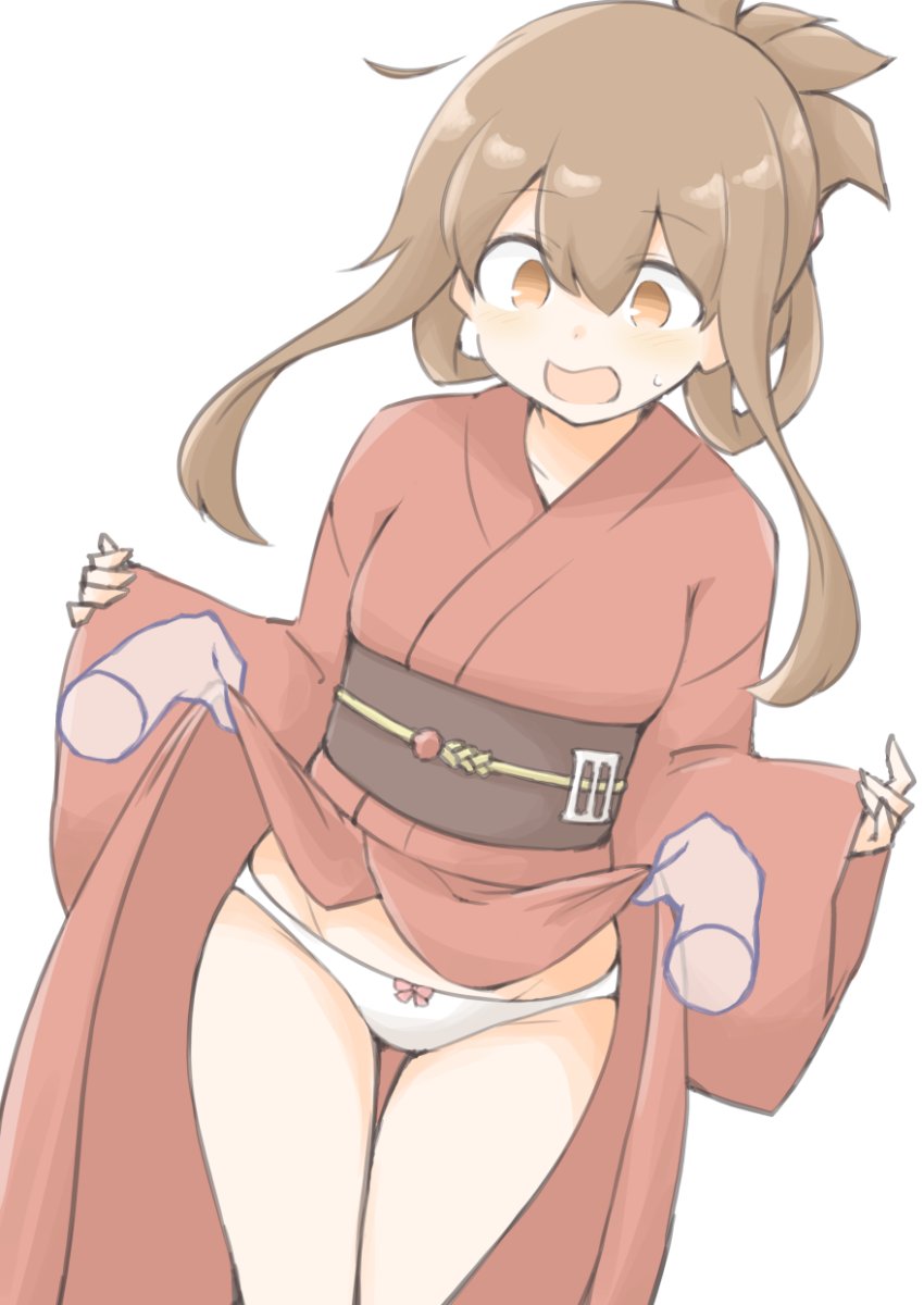 1girl, 1other, akara_kai, alternate_costume, brown_eyes, brown_hair, clothes_lift, disembodied_hand, feet_out_of_frame, folded_ponytail, highres, inazuma_(kancolle), inazuma_(yukata)_(kancolle), japanese_clothes, kantai_collection, kimono, kimono_lift, long_hair, obi, official_alternate_costume, open_mouth, panties, red_kimono, sash, thigh_gap, underwear, white_panties