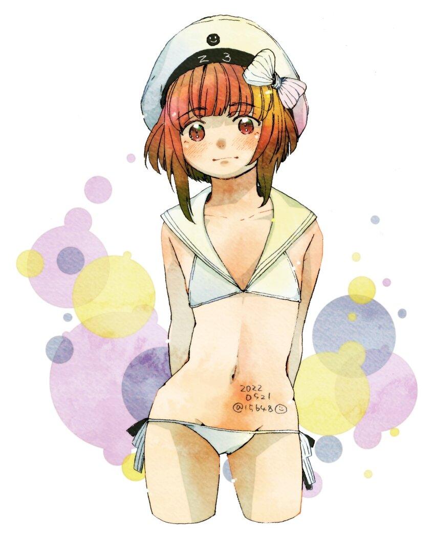 1girl, arms_behind_back, bikini, bow, brown_eyes, brown_hair, dated, flat_chest