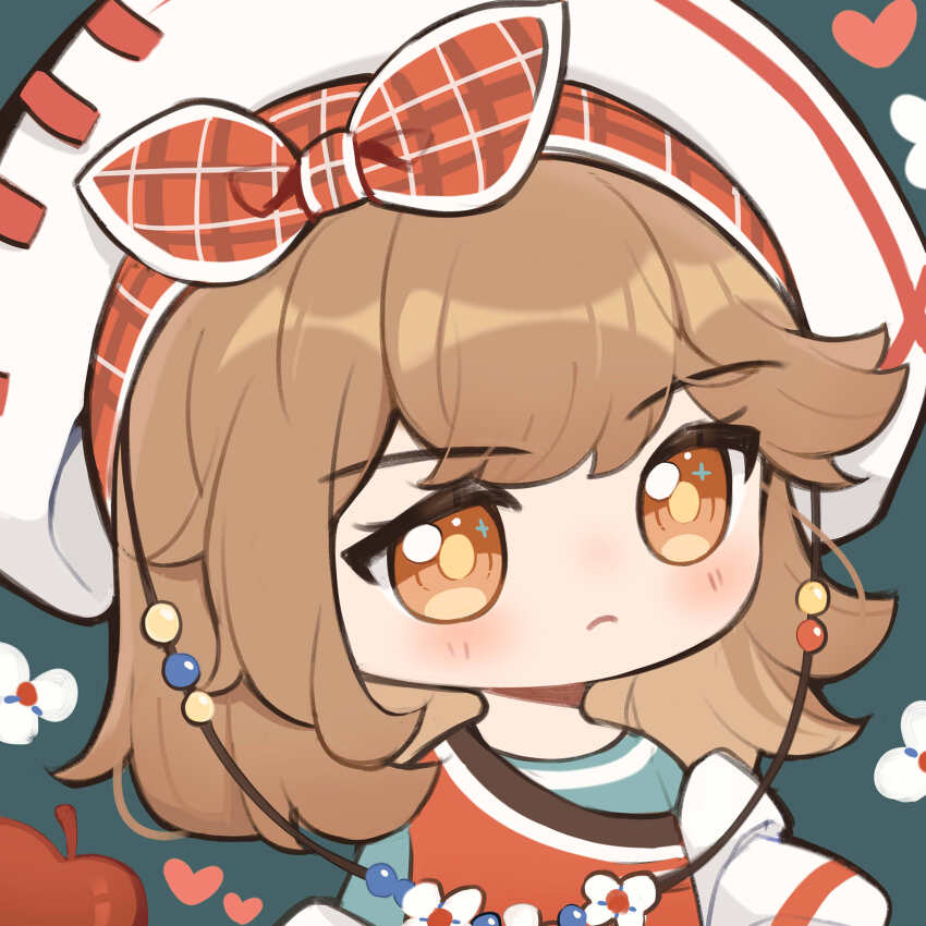 1girl, absurdres, ai_chi_guobaoyou, apple, aqua_shirt, bicorne, bow, bow_hairband