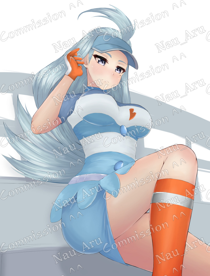 1girl, absurdres, ahoge, blue_eyes, blue_hair, blue_hat, blue_skirt, breasts