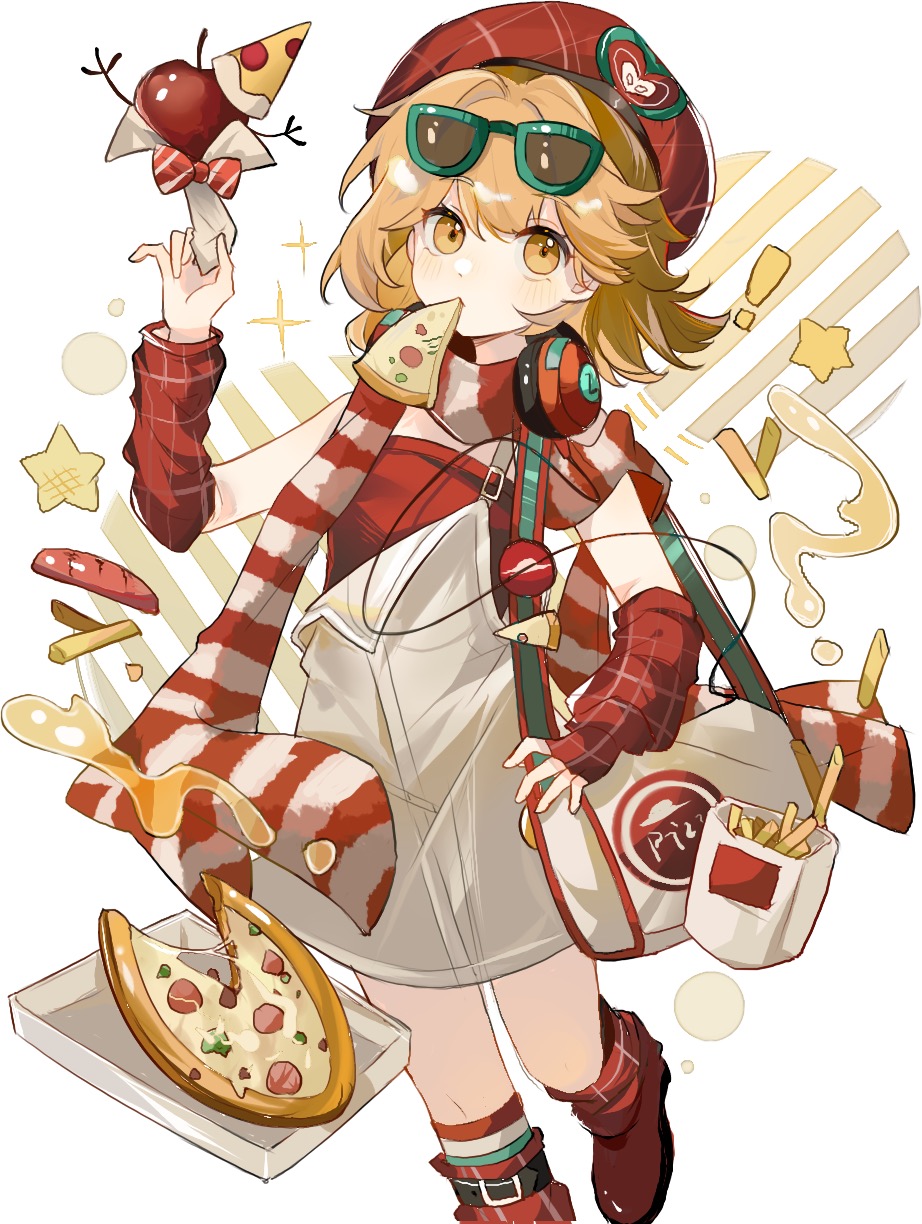 !, apple, apple_(reverse:1999), arm_warmers, bag, beret, bow, bowtie