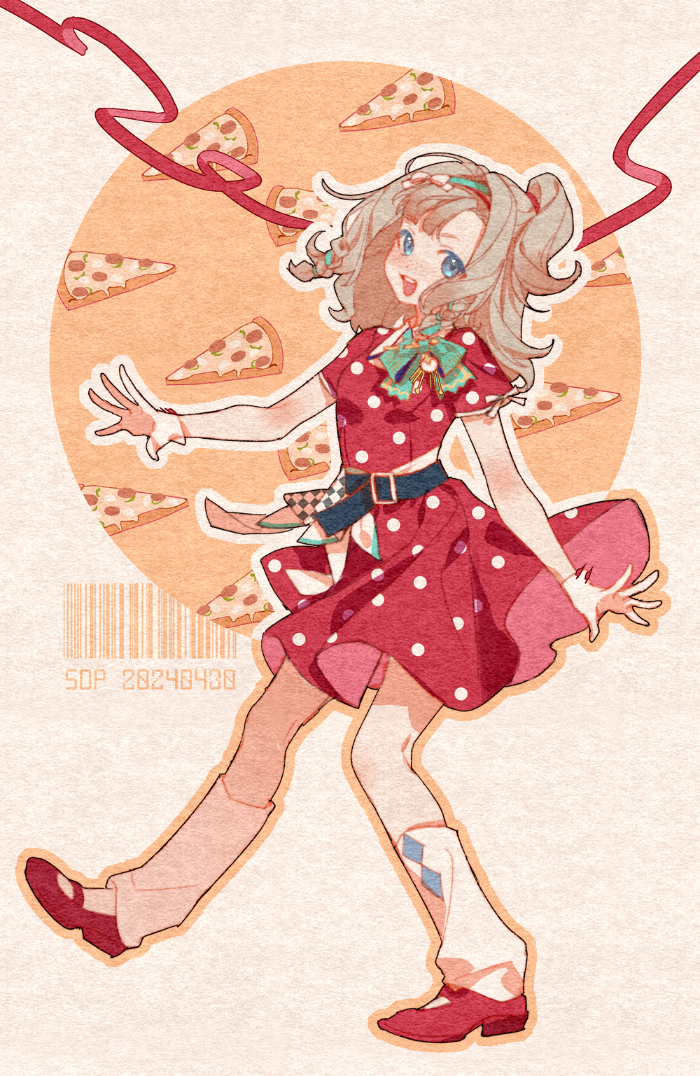 1girl, :d, aqua_bow, aqua_bowtie, barcode, belt, black_belt, black_hairband