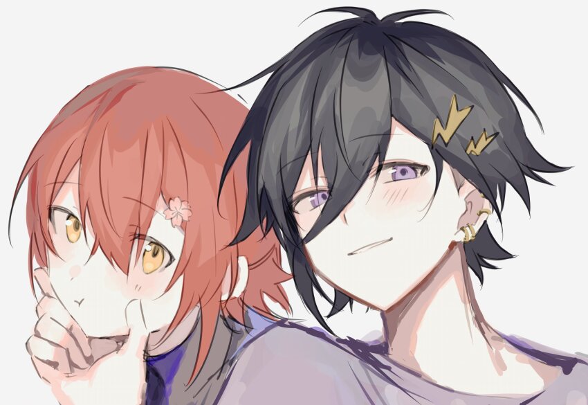 2boys, bishounen, black_hair, blush, commentary, earrings, flower, grey_background