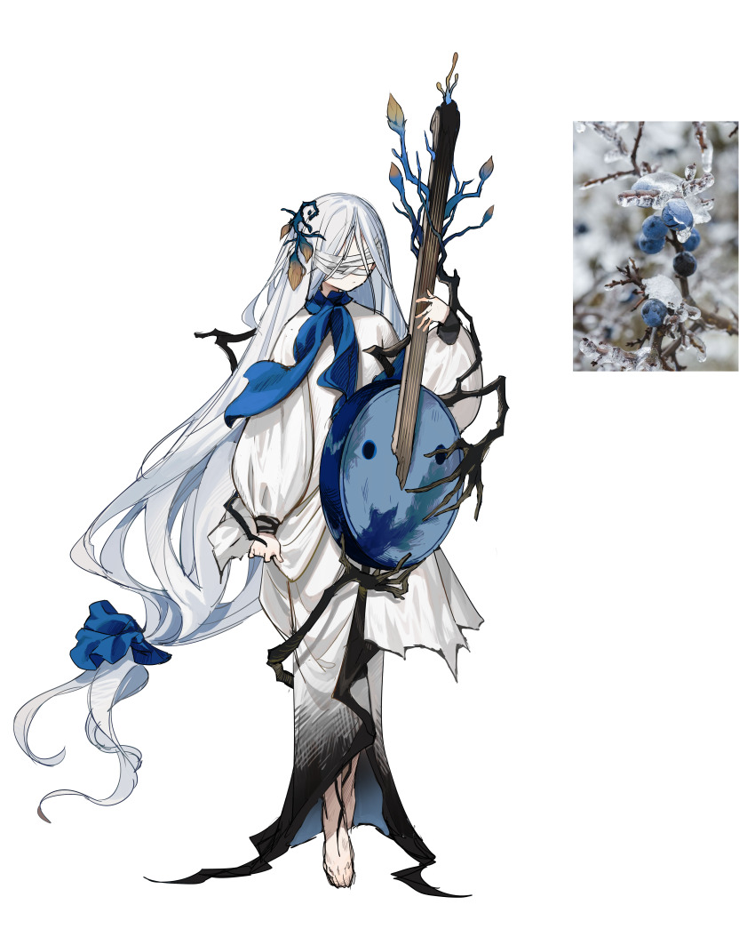 1girl, absurdres, bandages, bandages_over_eyes, barefoot, biwa_lute, blue_ribbon, blue_scarf