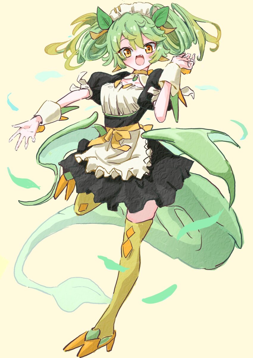 1girl, dragon_girl, dragon_tail, dragon_wings, duel_monster, fang, full_body, green_hair