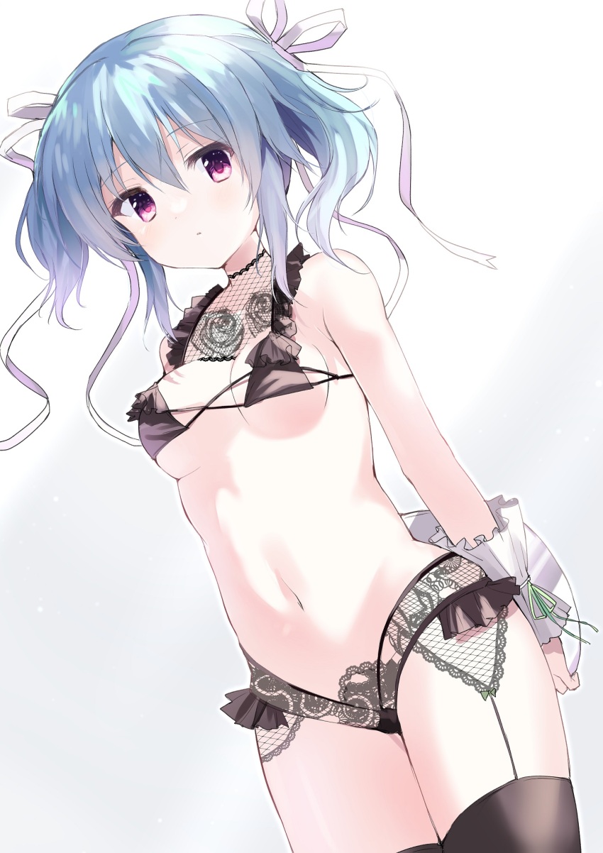 1girl, arms_behind_back, bare_shoulders, black_bra, black_panties, black_thighhighs, blue_hair, blush