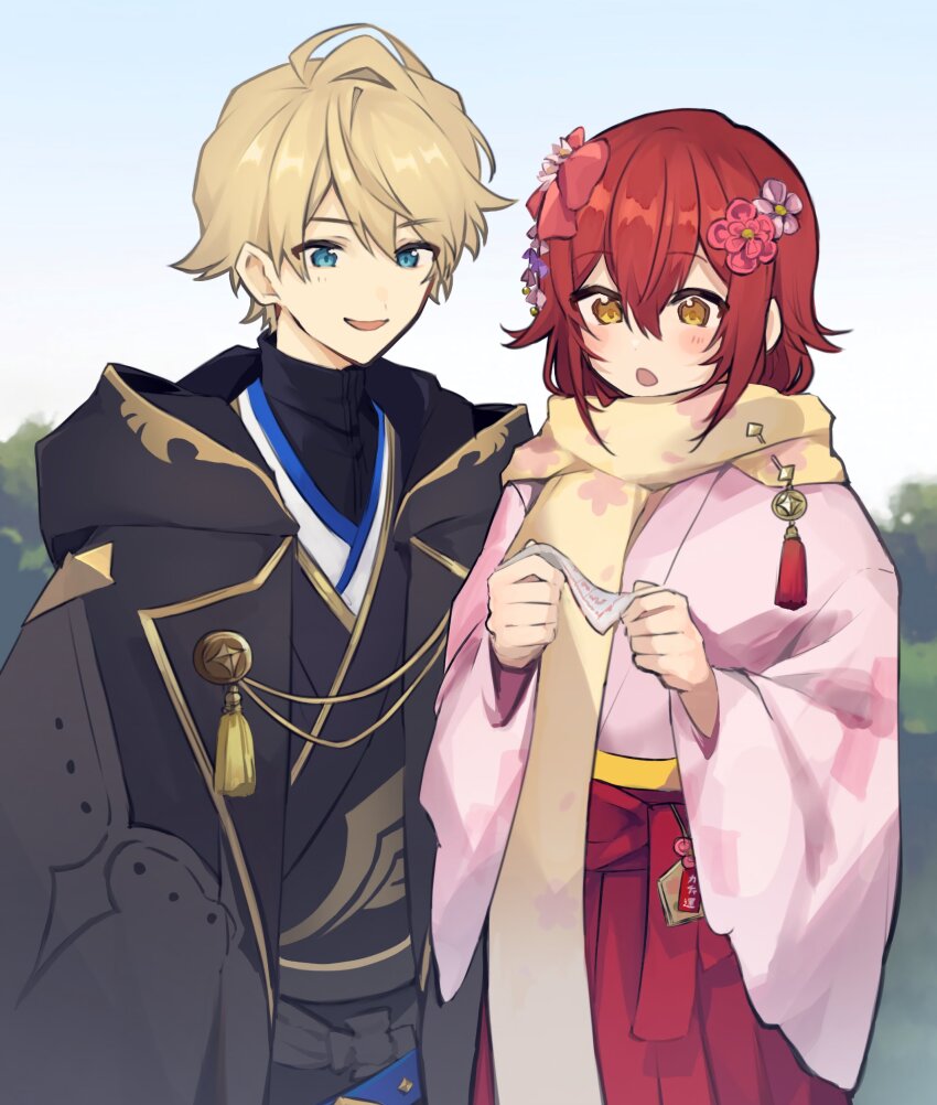 2boys, absurdres, androgynous, blonde_hair, blue_eyes, blush, chestnut_mouth, commentary_request