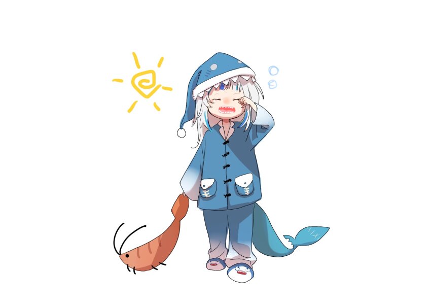 1girl, animal_print, animal_slippers, bloop_(gawr_gura), blue_hair, blue_pajamas, closed_eyes, fins