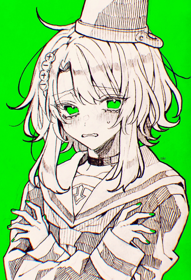 1girl, blush, bucket, bucket_on_head, choker, green_background, green_eyes, hair_ornament