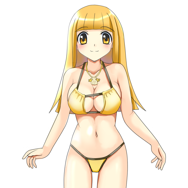 00s, 1girl, bad_id, bad_pixiv_id, bikini, blonde_hair, breasts, cleavage