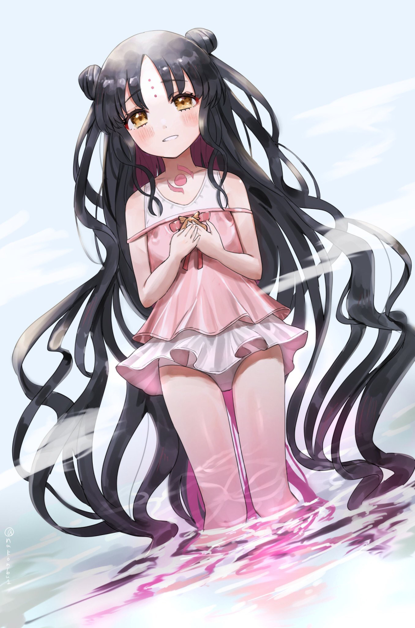 1girl, babydoll, blush, chest_tattoo, commentary, double_bun, dress_swimsuit, fate/grand_order